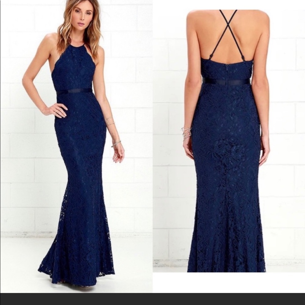 NWT - Lulu’s Zenith Navy Blue Lace Maxi Dress - XS